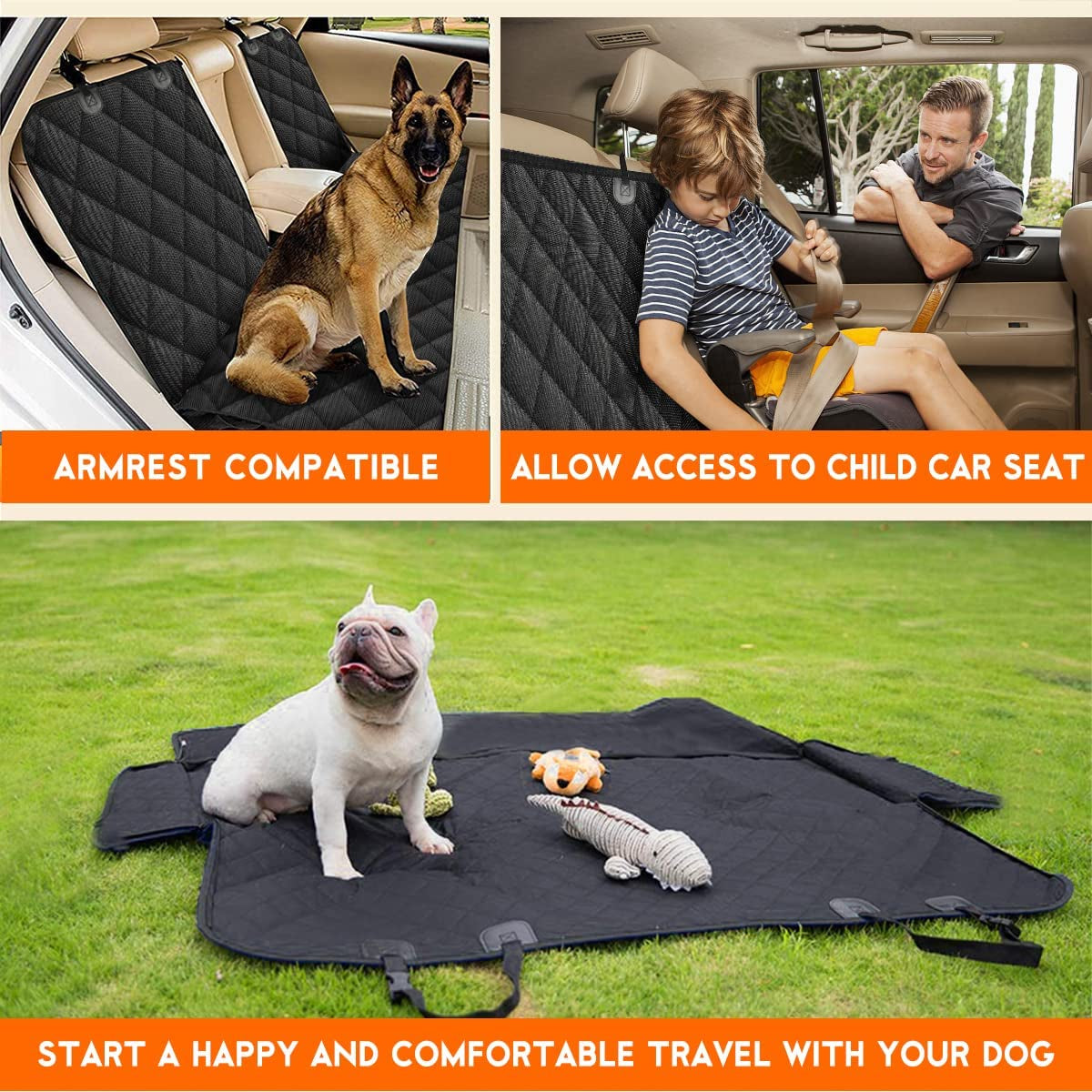 Premium Waterproof Dog Car Seat Cover - Non-Slip Back Seat Protector for Vehicles - Compatible with Middle Armrest - Black