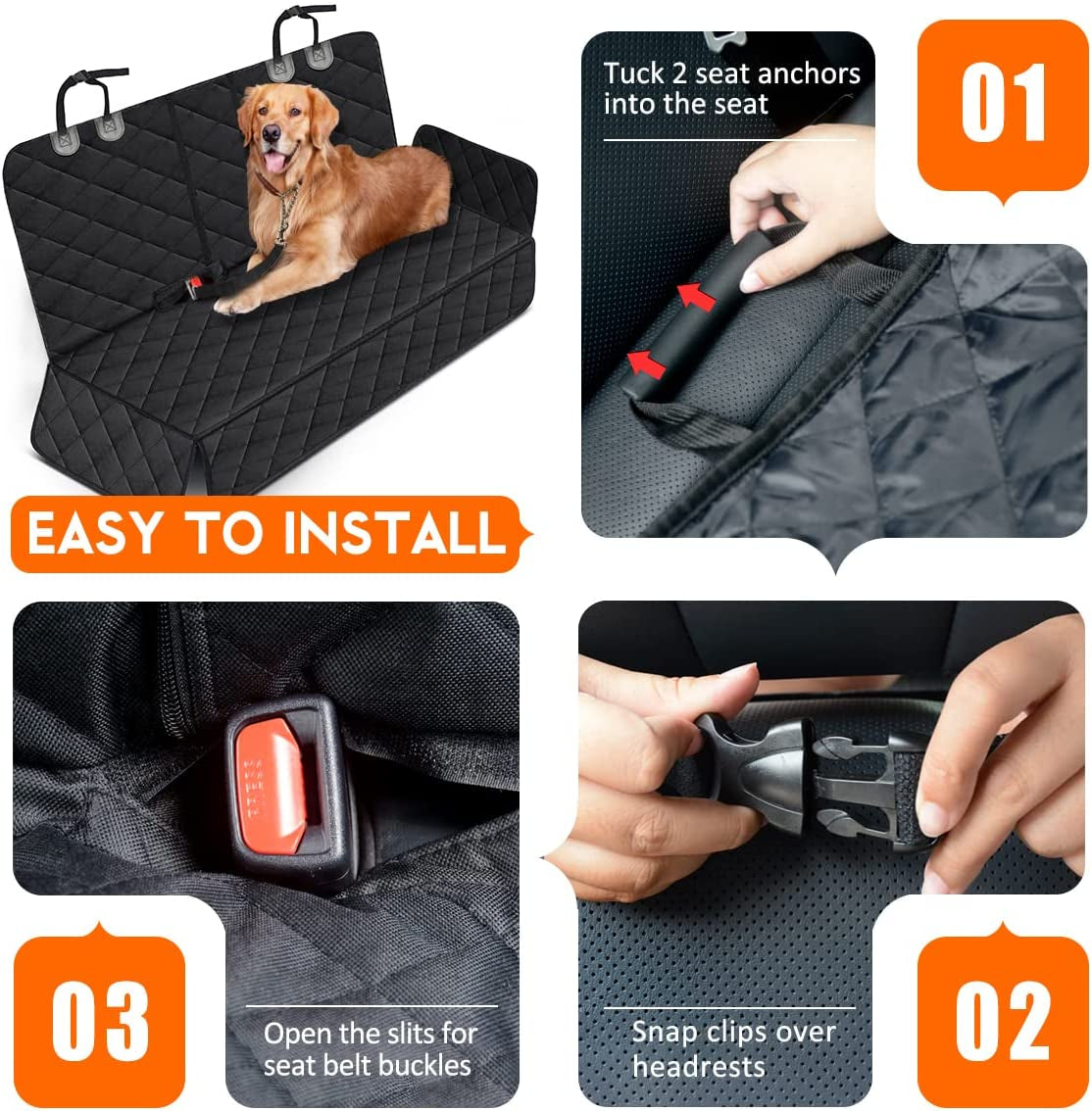 Premium Waterproof Dog Car Seat Cover - Non-Slip Back Seat Protector for Vehicles - Compatible with Middle Armrest - Black